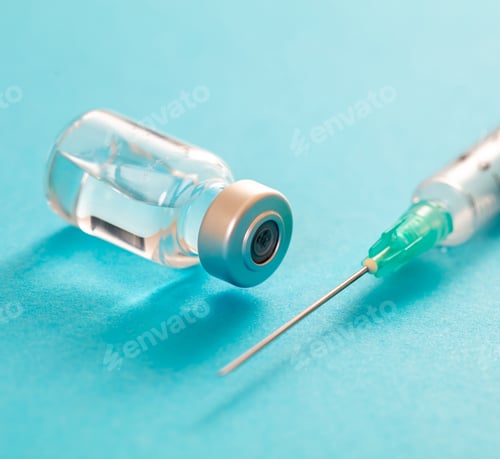 Preview: Vaccine vial dose and syringe against pale blue background