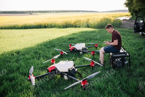 Preview: smart agriculture industry concept, drone in precision farm use for spray a water.