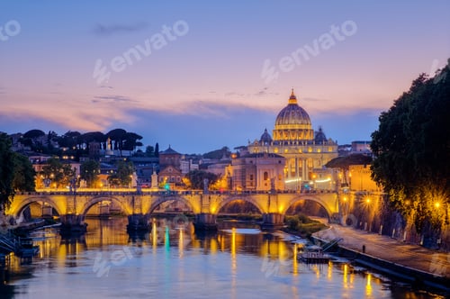 Preview: Famous citiscape view of St Peters basilica in Rome at sunset