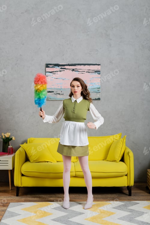 Preview: housekeeping concept, young woman with wavy hair standing and holding dust brush, housewife in dress