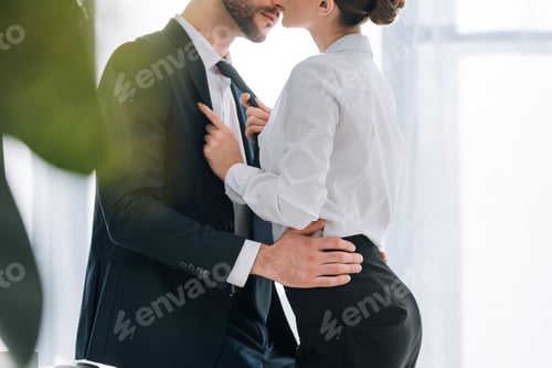 Preview: cropped view of businessman in suit hugging secretary in office