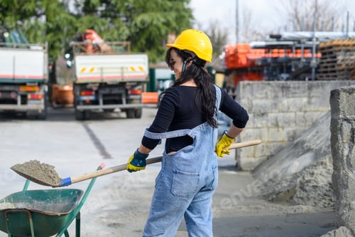 Preview: Contruction latino female worker wear safety gear blue overalls is shoveling cement in site outdoors
