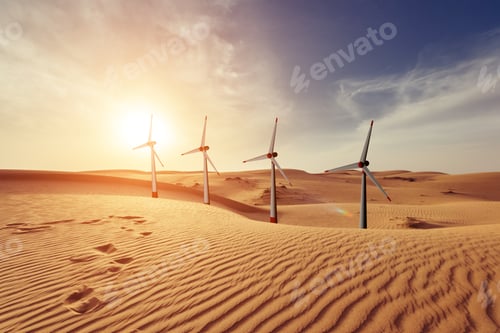 Preview: 3D rendering of model of wind turbines in a desert