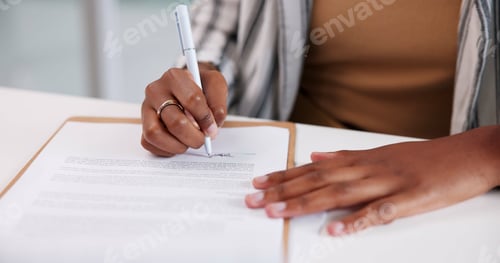 Preview: Hands, paper and pen for signature with business person closeup in office for agreement or contract