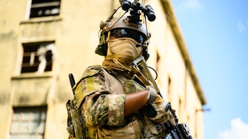 Preview: Expert team of soldiers with weapons attacking enemy during military operation, Army soldiers in