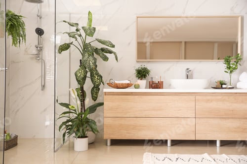 Preview: Interior of modern bathroom with green plants