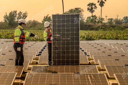 Preview: Photovoltaic engineers work on lake floating photovoltaics.