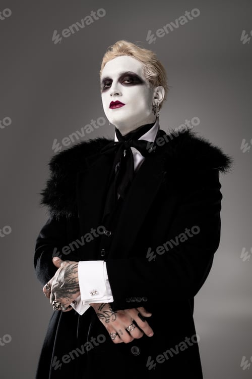 Preview: Young man in stunning Halloween costume radiates confidence and creativity at festive event