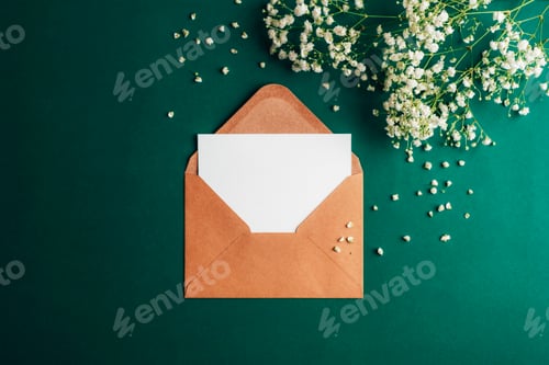 Preview: Brown envelope with a blank card and white gypsophila flowers on green background.
