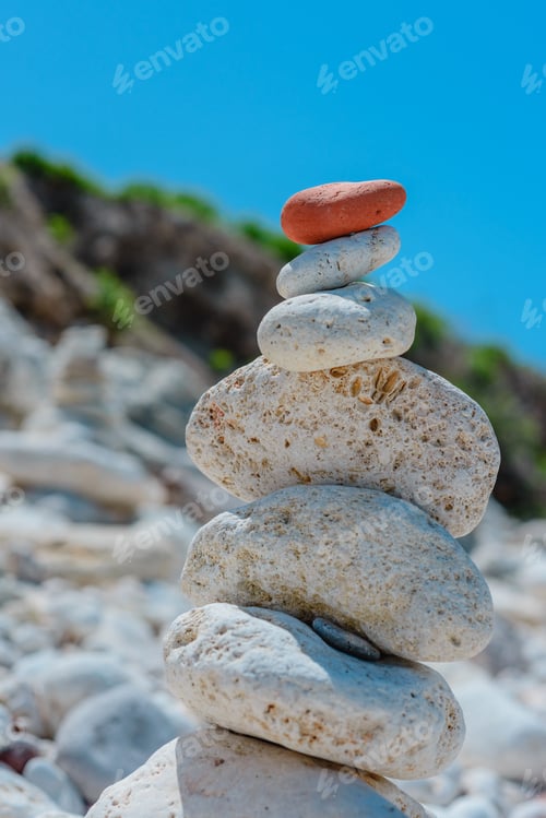 Preview: Heap Of Stones- Cobble. Boulders On The Beach On Background Of Blue Sky- Abstract Natural Landscape
