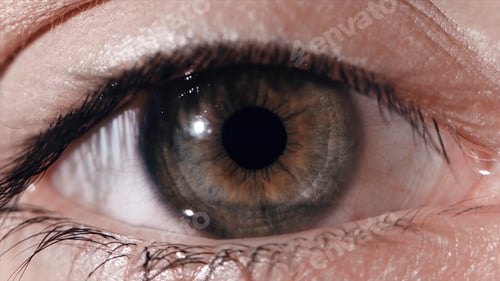 Preview: Eye pupil reaction to light. Humans eye macro shot with light-flash apple of eye reaction