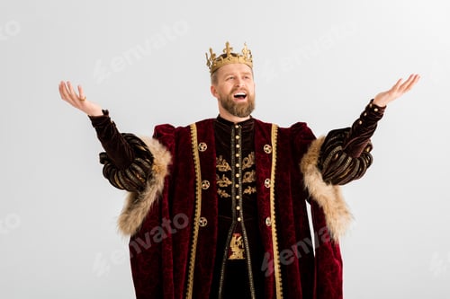 Preview: handsome king with crown screaming isolated on grey