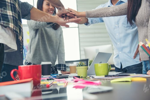 Preview: Diversity multiethnic high five group of business people success team hands together