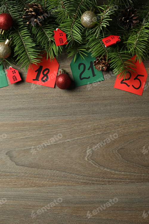 Preview: Advent calendar composition on wooden background, space for text