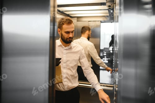 Preview: Young handsome businessman in light modern office with carton box. Last day at work