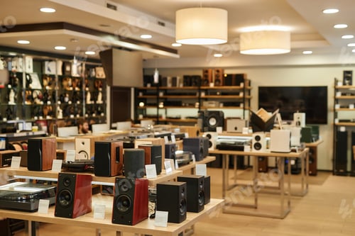 Preview: Speakers and music equipment on display in music store