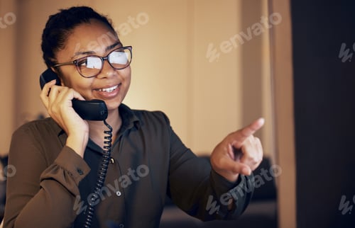 Preview: Telephone, night and business woman on desktop monitor for technical support, global information or