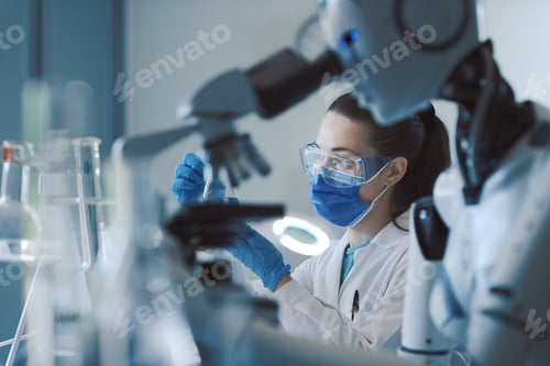 Preview: Scientist and humanoid robot working together in the science lab