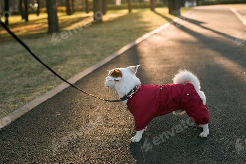 Preview: Close up portrait of cute Jack Russell dog in suit walking in autumn park. Puppy pet is dressed in