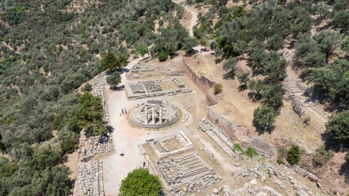 Preview: Aerial bird's eye view photo taken by drone of archaeological site of ancient Delphi.