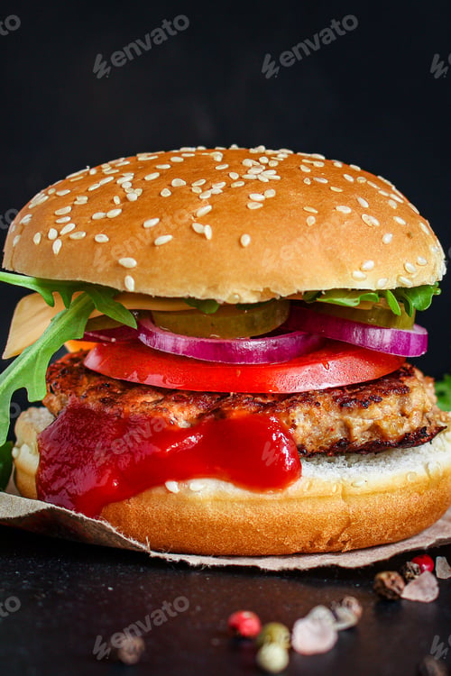 Preview: Burger, Meat Cutlet Beef Steak, Tomato, Sauce And Lettuce (Tasty Meat Snack Sandwich) Menu Concept