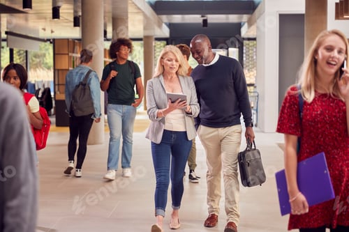 Visualização: Tutores masculinos e femininos em um prédio movimentado de universidades ou faculdades com tablet digital e estudantes
