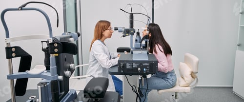 Preview: Caucasian optometrist doing sight test for Japanese woman at modern ophthalmology clinic. Eye exam