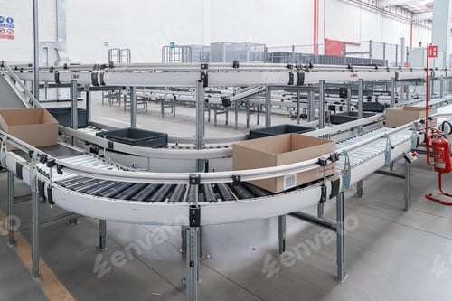 Preview: packing line in a logistics warehouse. conveyor belt in a modern production line