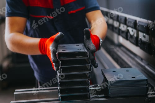 Preview: Factory worker arranges metal parts on top of each other, close-up