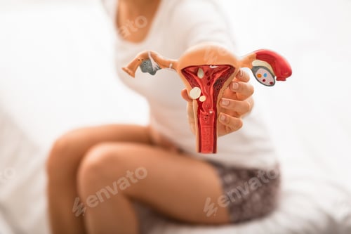 Preview: unrecognizing woman with abdominal pain holds the anatomical model of uterus