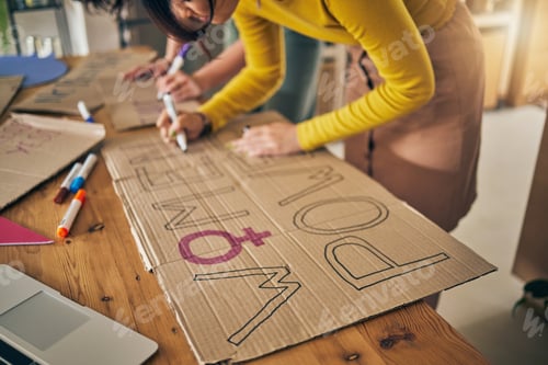 Preview: Women group, poster and writing for protest, hands and support for diversity, power and goals in ho