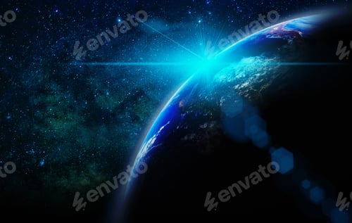 Preview: Part of earth with sun rise and lens flare over the Milky Way background,