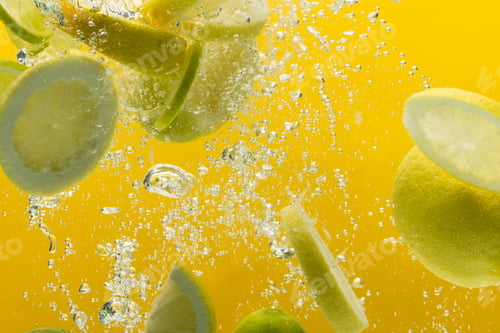 Preview: Close up of lemon and lime slices falling into water with copy space on yellow background