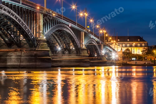Preview: Beautiful sunset night over Rhine / Rhein river and old bridge in Mainz