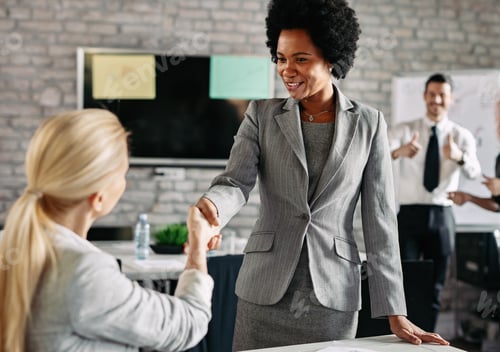 Preview: African American businesswoman handshaking with her female colleague in the office.