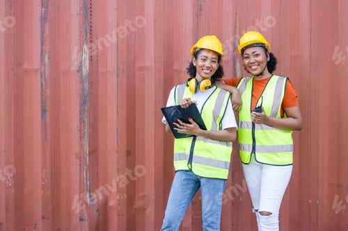 Preview: African teen black woman staff worker teamwork in port cargo shipping portait happy smile