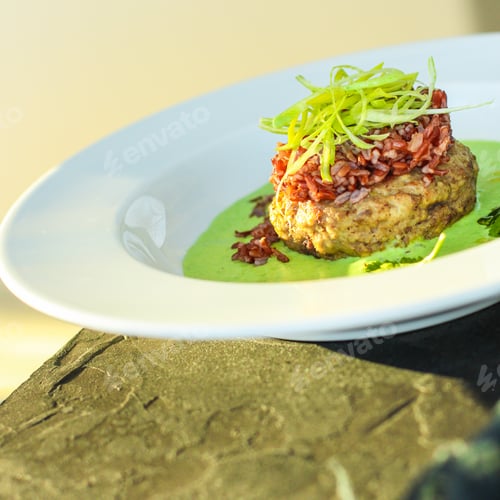 Preview: Wild Rice With Meat Ball Roasting And Green Sauce (Main Dish, Portion). Food Background. Copy Space