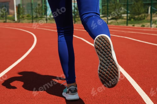 Preview: Girl running on red athletic track. Sport concept