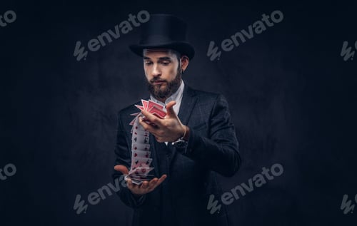 Preview: Magician showing trick with playing cards.