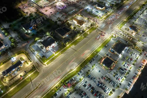Preview: Aerial view of shopping plaza stores