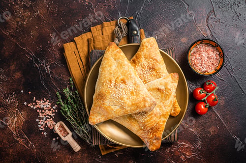 Preview: Samsa with chicken and cheese, samosa oriental pies. Dark background. Top view. Copy space