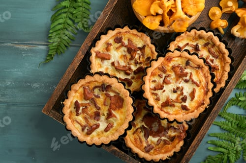 Preview: Savory hands pie with chanterelle mushrooms, cream and cheese on cutting board on rustic old wooden