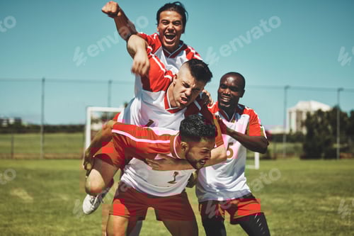 Soccer player, soccer and soccer field, winner and team, diversity and celebrate goal, athlete happ