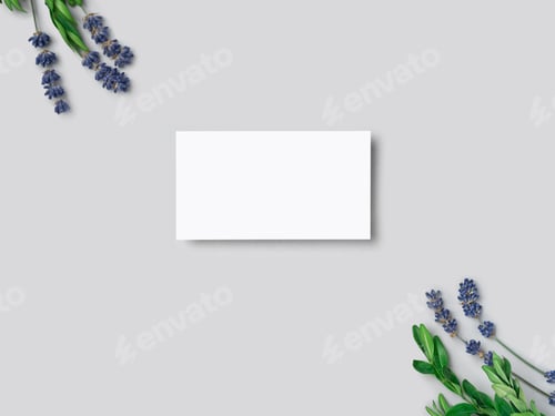 Preview: Mockup one cutaway, discount, business card on a grey minimalism background and lavender flowers