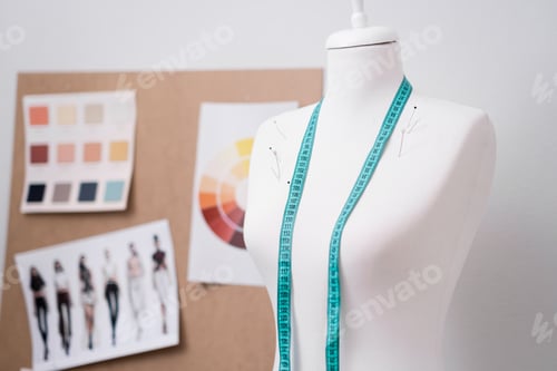 Preview: Tape measure and pins on dummy near corkboard with swatches and sketches in dressmaking shop