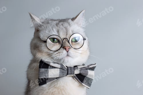 Preview: Funny white cat in a gray bow tie and glasses, on gray background .