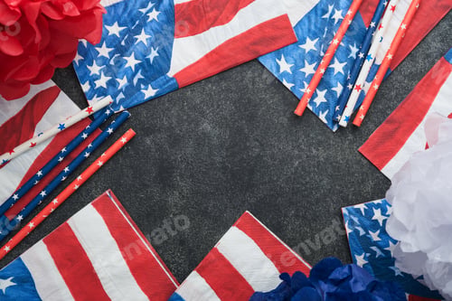 Preview: 4th of July background. USA paper fans, Red, blue, white stars, balloons, gold confetti on gray dark