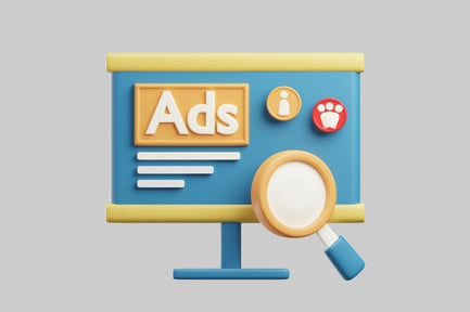 Blaues und gelbes rechteckiges Objekt mit Lupe davor.