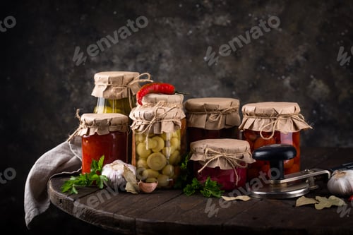 Preview: Pickled vegetables in glass jars.