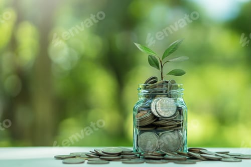 Preview: Glass jar with small plant and coin inside. Financial and business background.